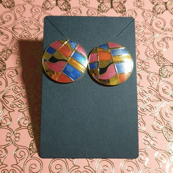 Vintage Gold Tone Enamel Abstract Stud Post Earrings Costume Granny Core Gift - Picture 1 of 4